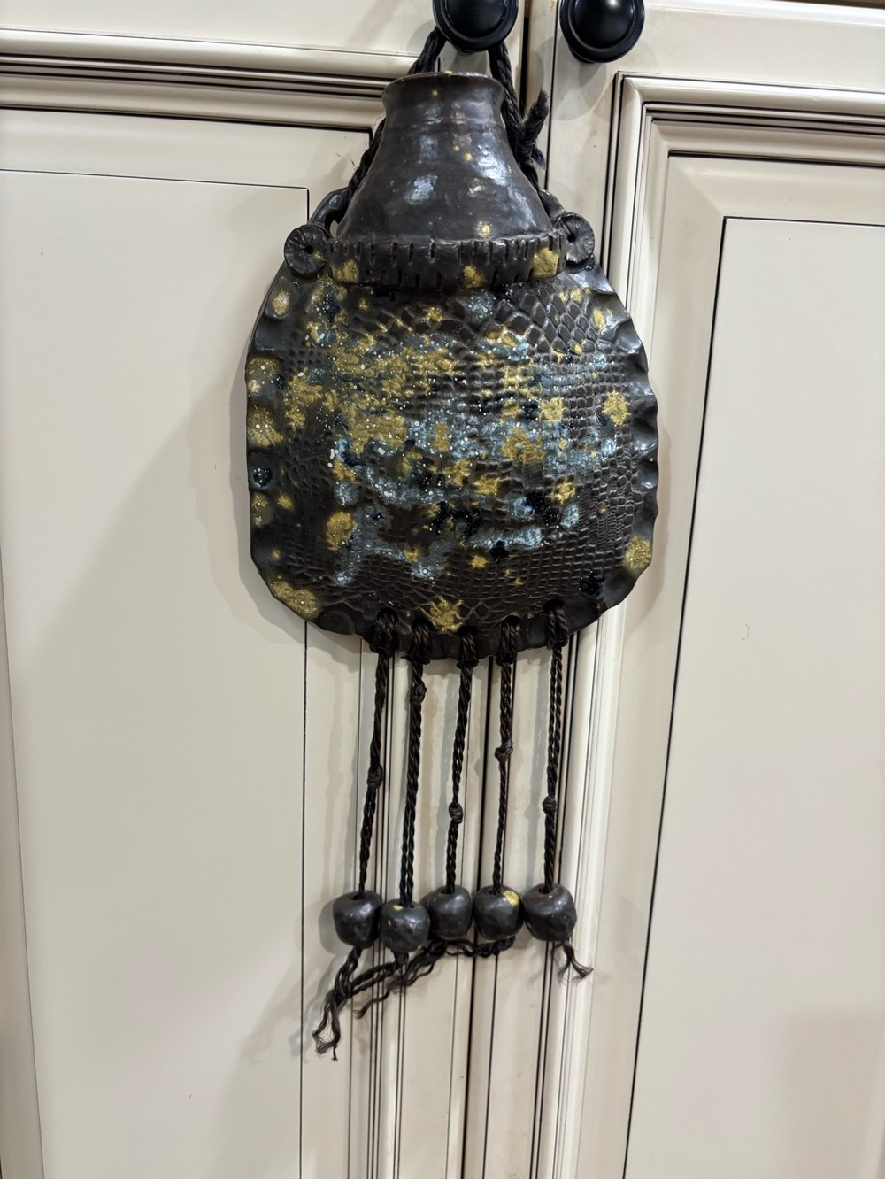 Unique Artisan Studio Pottery Water Jar with Pottery beads Hanging Signed Artist